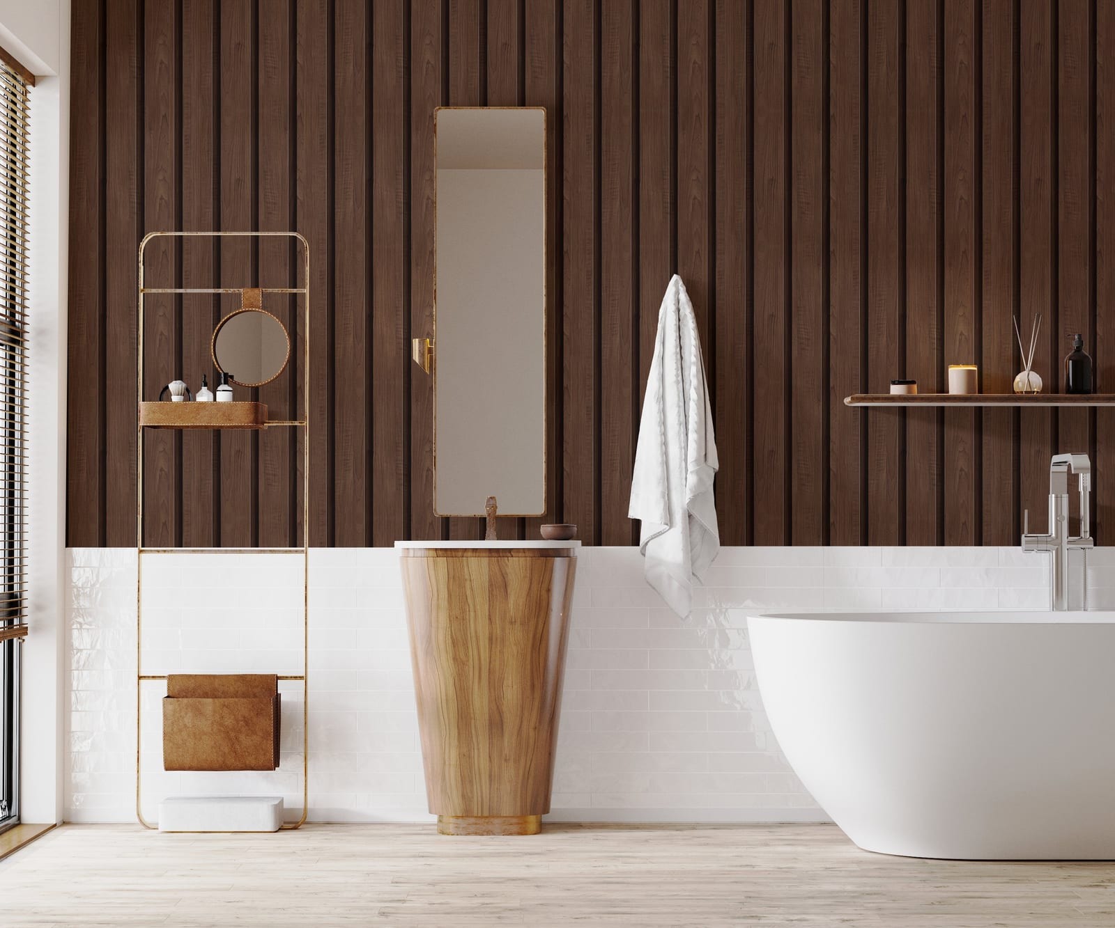 Warm brown wood panel wallpaper creating statement wall in bathroom