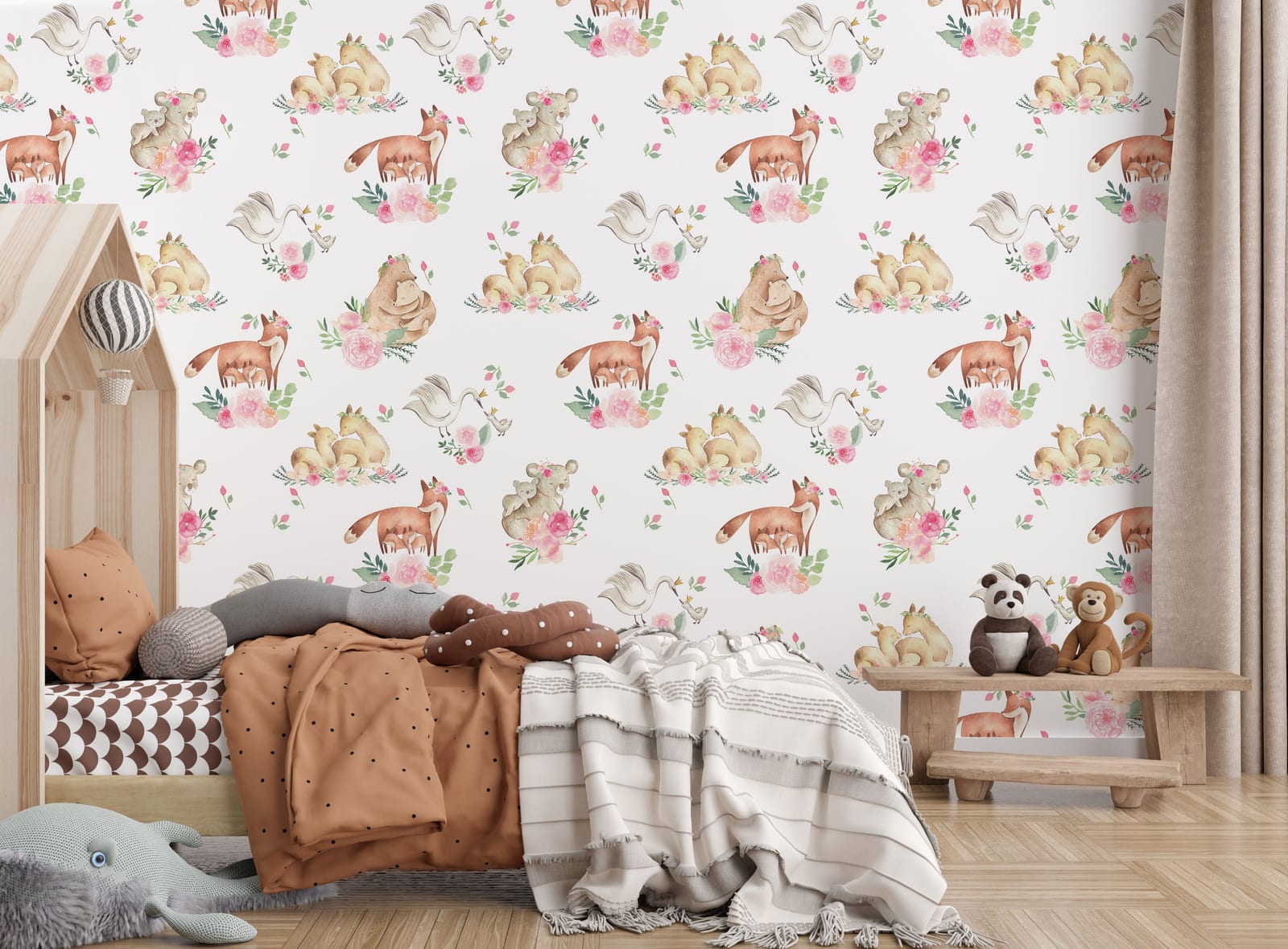 Stylish nursery accent wall wallpaper featuring soft pastel woodland baby animal floral design, perfect calming kids room decor