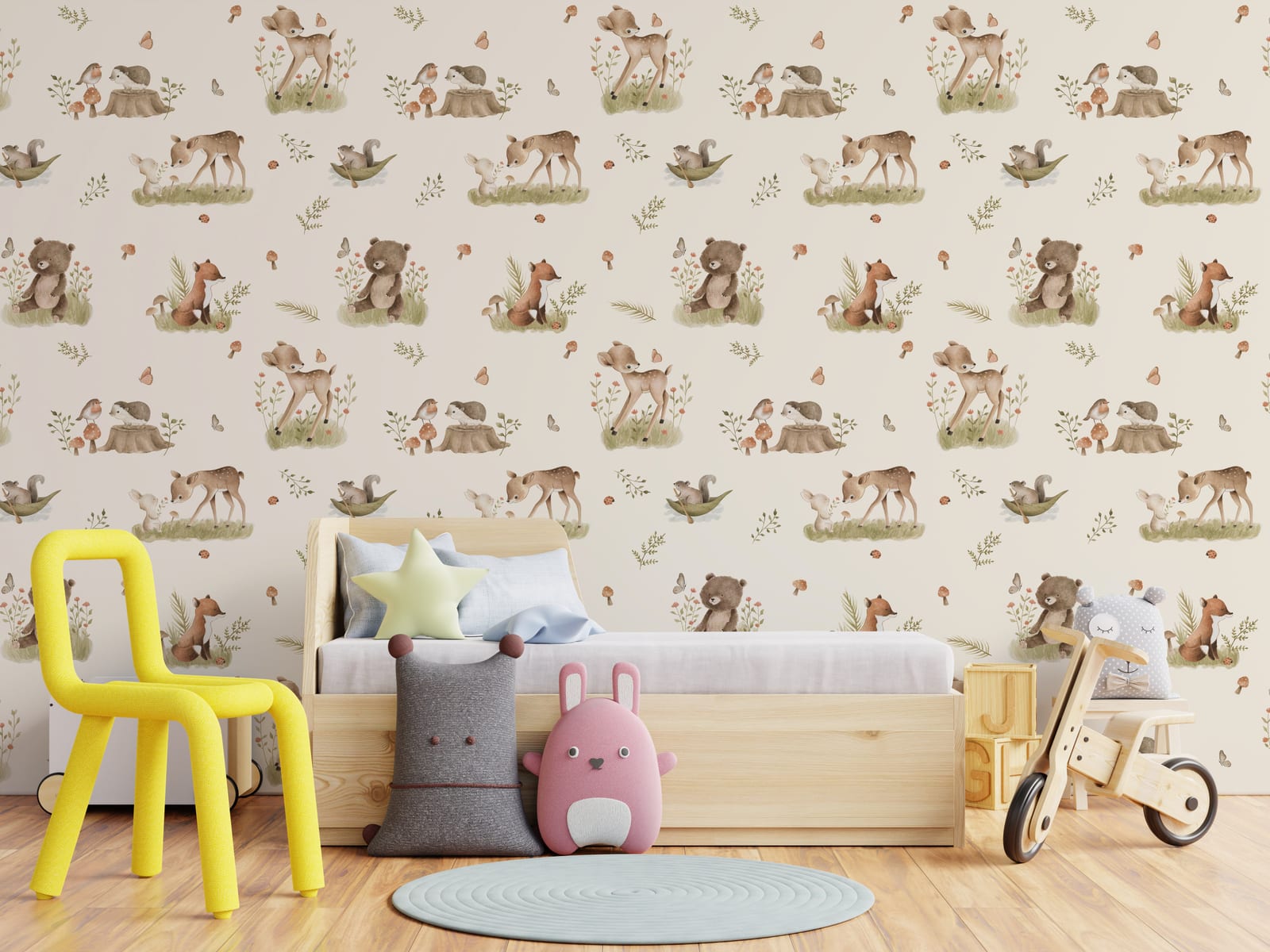 Storybook wildlife artwork covering nursery wall area adding delicate botanical elements and warm organic color scheme.