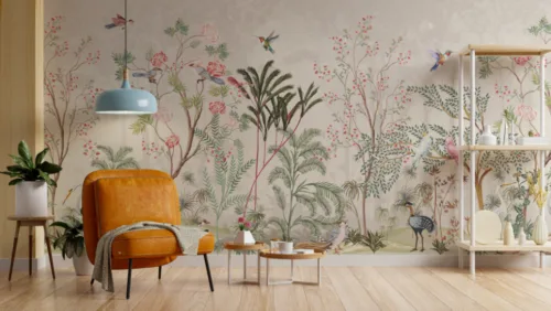 Beige Natural Garden Floral Sparrow Wall Mural Home Wall Decor Elegant beige garden floral wall mural with sparrows, perfect peel and stick wall Decoration for Los Angeles modern home interiors and living spaces.