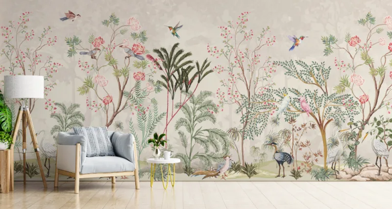 Floral garden sparrow wallpaper in natural beige, removable peel and stick wall design ideal for stylish Sydney apartments and cozy home Decor.