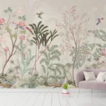 Garden Floral Sparrow Natural Beige Peel and Stick Wall Mural Nature-inspired wall design with a peaceful jungle river and majestic peacock – a unique artistic wallpaper concept for earthy interiors