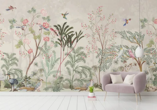 Garden Floral Sparrow Natural Beige Peel and Stick Wall Mural Charming garden floral sparrow REmovable Wallpaper, natural beige design for New York City bedrooms, living rooms, and feature wall accents.