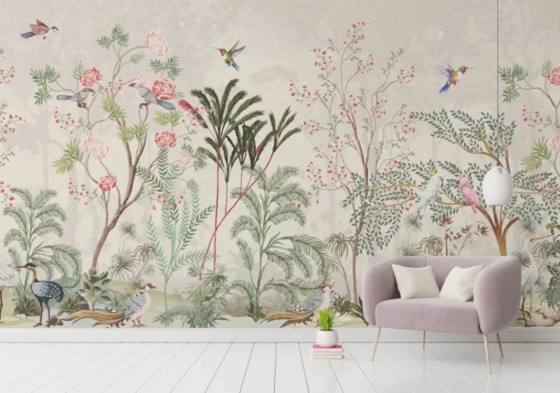 Charming garden floral sparrow REmovable Wallpaper, natural beige design for New York City bedrooms, living rooms, and feature wall accents.