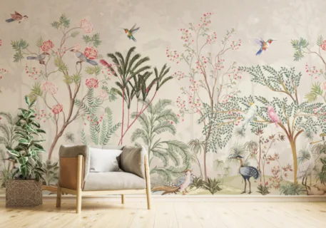 Sparrow Natural Garden Floral Beige Wall Design Home Wall Décor Beautiful garden floral beige wallpaper, Bird Inspired Chinoiserie Design for modern and Trendy Interiors.