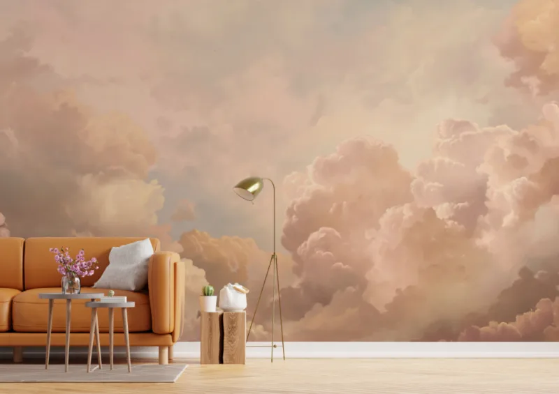 Peach pink cloudy abstract wallpaper mural, removable foggy sky design wall covering, popular choice for bedrooms in Sydney Australia apartments.