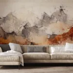 Artistic gold abstract living room wallpaper mural with warm earthy shades, peel and stick removable style, perfectly suited for modern home walls in Miami residences.