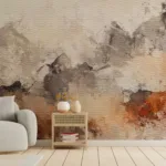 Artistic abstract wallpaper mural in soft beige, brown, and orange hues with textured artistic finish, removable self adhesive peel and stick for New Jersey living spaces.