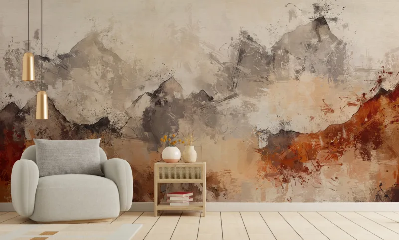 Artistic abstract wallpaper mural in soft beige, brown, and orange hues with textured artistic finish, removable self adhesive peel and stick for New Jersey living spaces.