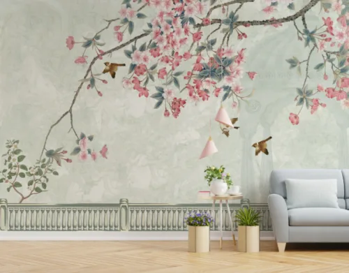 Beautiful Flowers and Sparrow China Art Floral Living Room Wall Mural Peel and stick chinoiserie bird and flower mural, stylish wall art for London living room or classic European interior Decor.