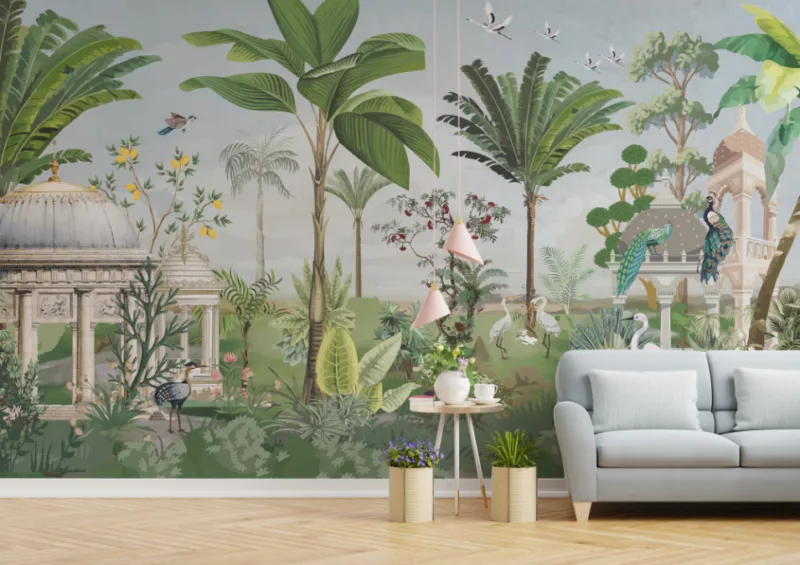 Beautiful Living Room Traditional Mughal Art Forest Wall Design