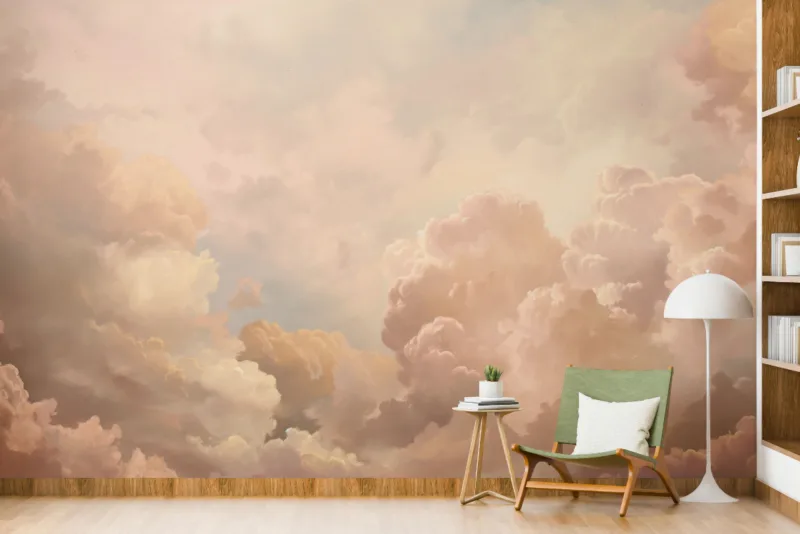Warm peach dreamy Renaissance style sky wallpaper mural, abstract hazy Renaissance-inspired wall design, stylish décor for Paris France modern apartment walls.