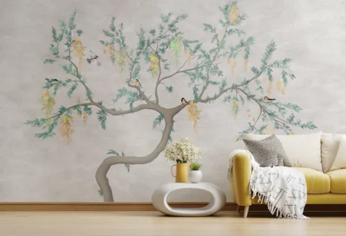 Beige Background with Birds and Flowering Branches Beige wall mural with flowering branches and birds, great for Paris interiors, removable wallpaper for bedrooms and cozy spaces