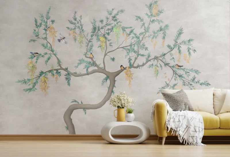 Beige wall mural with flowering branches and birds, great for Paris interiors, removable wallpaper for bedrooms and cozy spaces