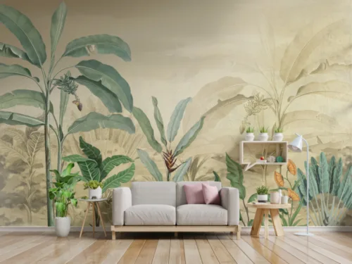 Beige Background With Green Tropical Leaves Beige background tropical wallpaper with green banana leaves and orange flowers, perfect removable wall mural for New York living room decor.