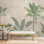 Beige Color Background Tropical Green Leaves and Trees Wall Design