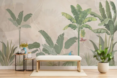 Beige Color Background Tropical Green Leaves and Trees Wall Design Beige Color Background Tropical Green Leaves and Trees Wall Design