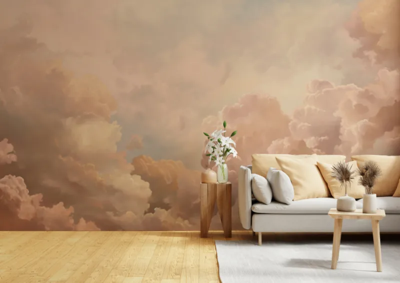 Elegant Renaissance-inspired hazy cloud wall mural, abstract pastel wallpaper for modern interiors.