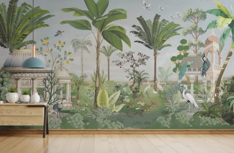 Best Tropical Trees forest Peacock Wallpaper, luxury nature inspired mural art for classic interiors.