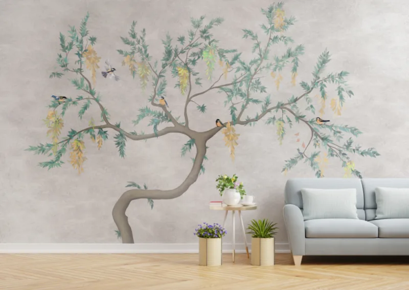 Birds on blooming tree with leafy branches, beige wall mural ideal for New York bedroom and elegant modern home Deco.