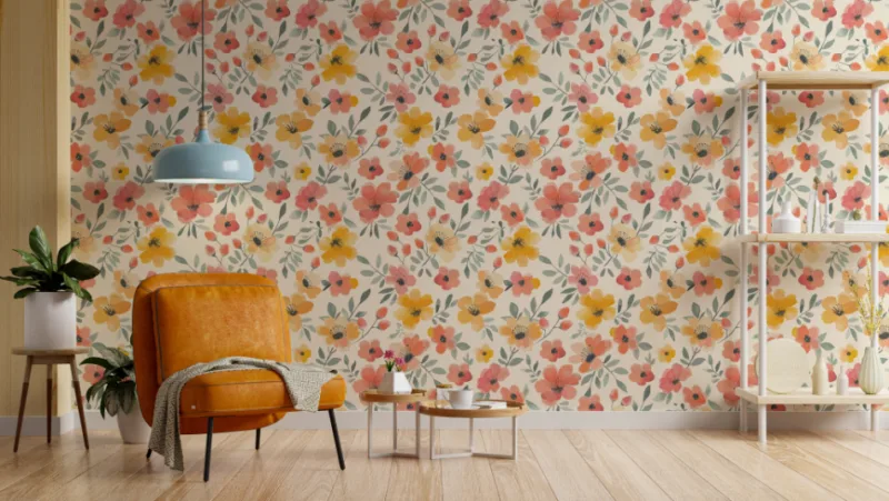 Blooming Petals Wallpaper Designs Floral Art Watercolor Flora pattern Removable Wallpaper, elegant yellow orange floral mural design for stylish home Wall Design.