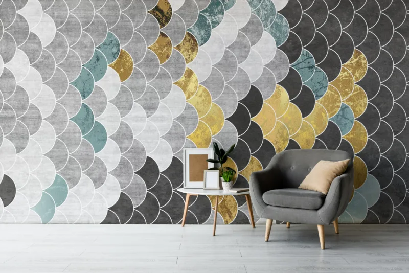 Blue geometric pattern wall accent mural, perfect for living rooms and hallways in Chicago Illinois, great for modern apartment Wall Decoration.