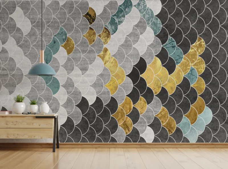 Blue and gold geometric wallpaper mural for home Decor, chic removable wall art ideal for upscale spaces