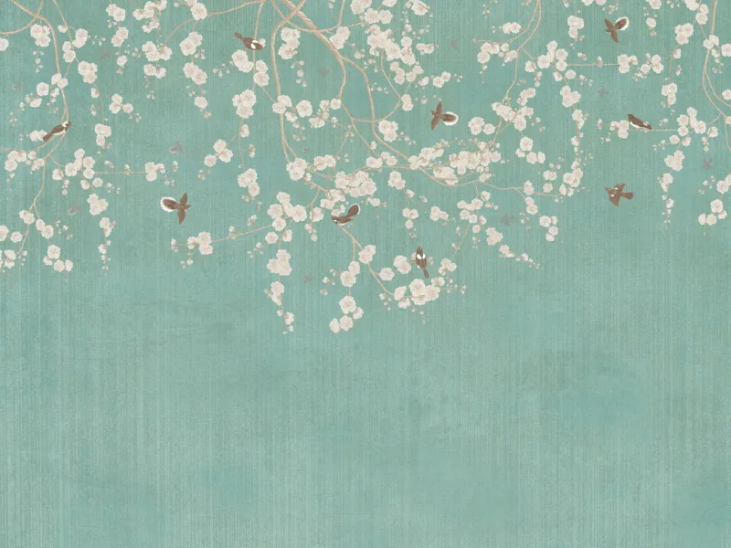 Branches Birds Green Design Vintage Wallpaper