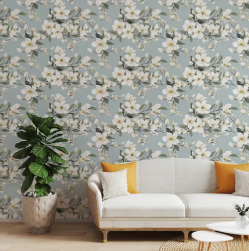 Classic Cottage Roses and Floral Art Living Room Classic Cottage Elegant White Flowers Garden mural wallpaper, blooming floral wall art design for farmhouse kitchens and bedrooms in San Francisco interiors.