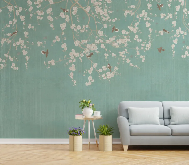 Floral Fantasy with Perched Birds Living Room Wallpapers for Wall