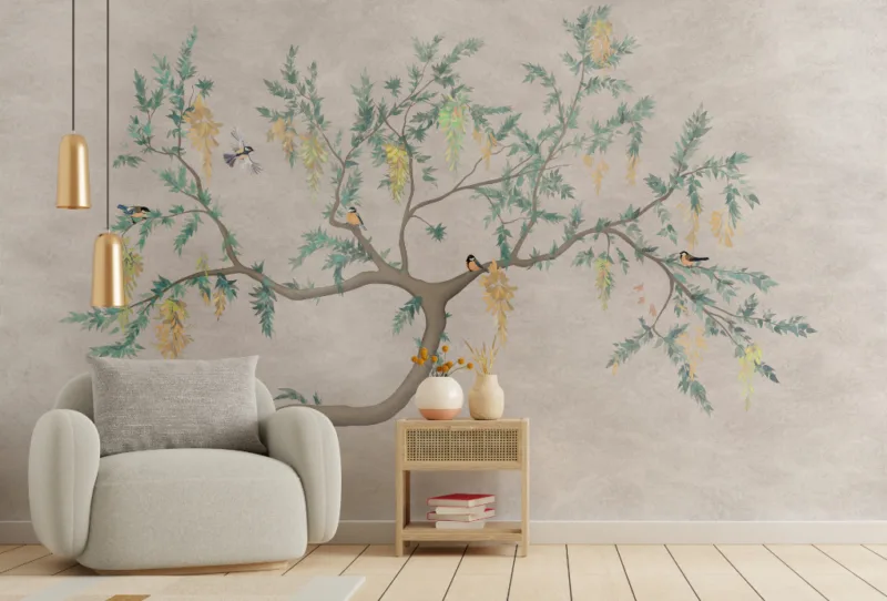 Serene birds on branches beige wallpaper, ideal for living rooms, Self-Adhesive Mural design for easy DIY wall upgrade