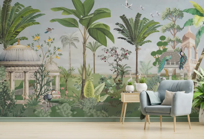 Garden Mughal Style Tropical Trees and Peacock Wallpaper Murals