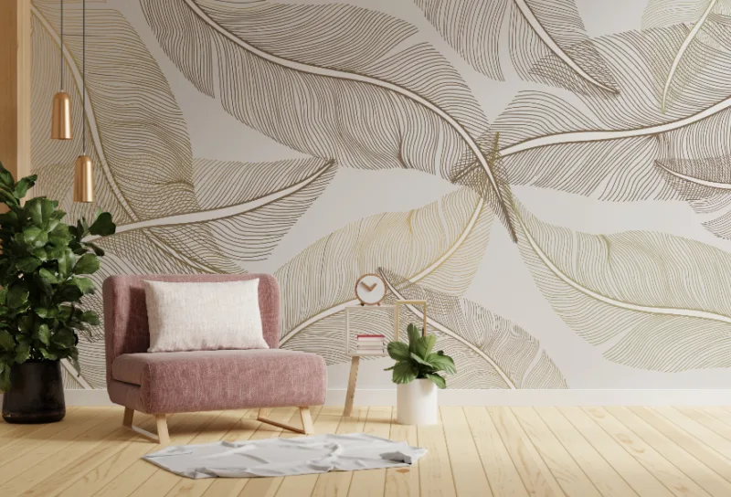 Golden Vector Leaf Swirl Wallpaper for Living Room Wall