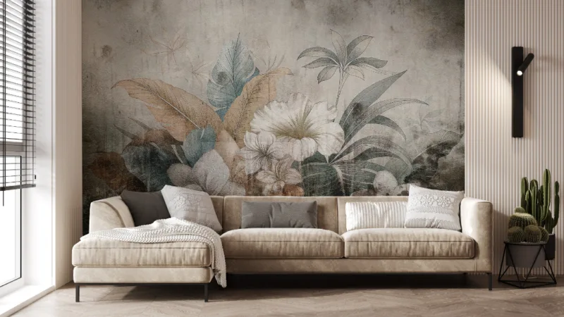 Hand Drawn Vintage Tropical Botanical Wallpaper Peel and Stick Living Room