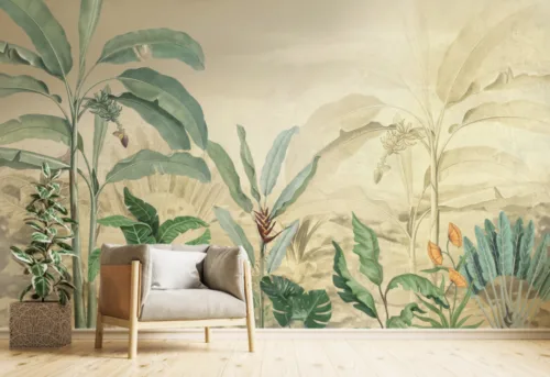 Minimal Tropical Scene With Orange Flower Pops Living Room Wall Mural Beige botanical tropical wallpaper featuring banana leaves and orange floral accents, removable mural for homes and stylish interiors.