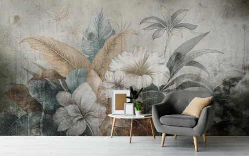 Nostalgic Botanical Wall Mural White Flower Vintage Style Nostalgic Botanical Wall Mural White Flower Vintage Style