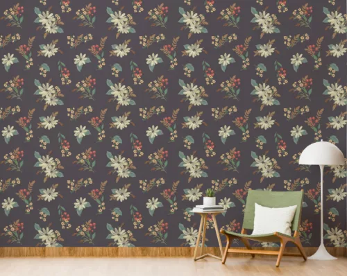 Peel And Stick Floral Ditsy Vintage Style Wallpaper Black Background Classic black background floral wallpaper, vintage ditsy design for London UK living room Walls Decoration