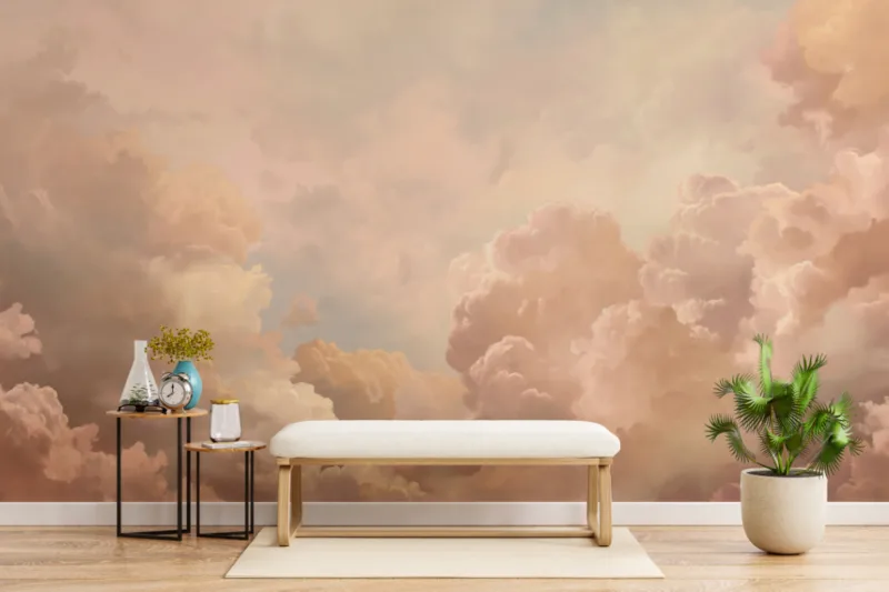 Soft dreamy peach cloud wallpaper mural, abstract foggy sky wall covering, removable design ideal for homes in Manchester UK interiors.
