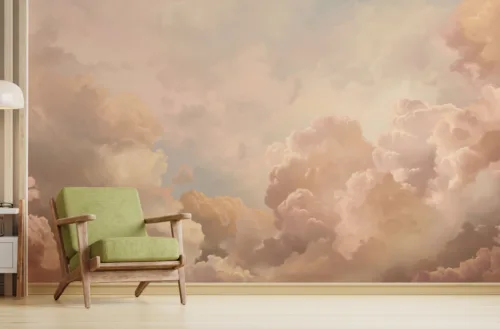 Renaissance Cloud Abstract Wall Mural Art Pink cloudy abstract Renaissance-inspired wallpaper mural, foggy soft shade wall art, trending in living room accent walls.
