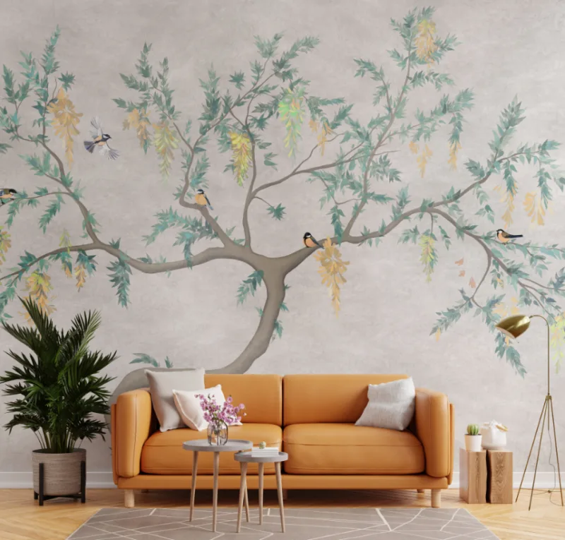 Serene Beige flowering tree mural with birds, perfect for nursery walls and peaceful nature themed living space Wall Deocration.
