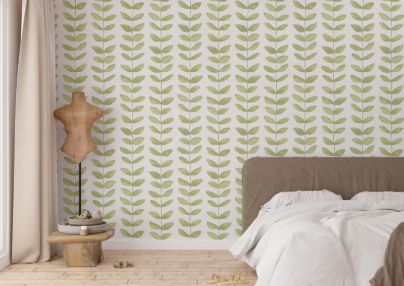 Soft Green Watercolor Leaf Wallpaper Room View