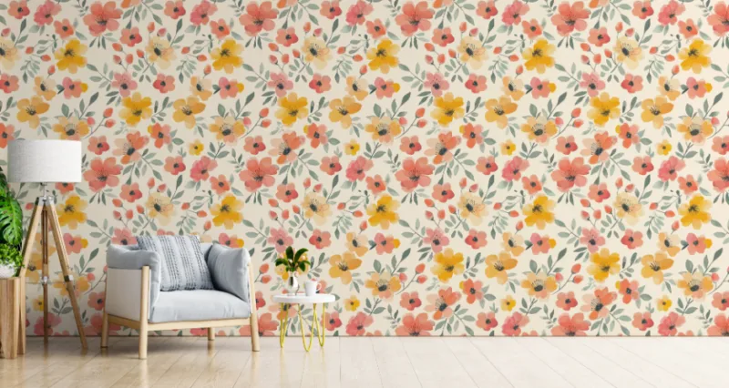 Sunny Flowers Wall Mural Peel And Stick Wallpaper Sunny Flowers Wall Mural Peel And Stick Wallpaper cheerful watercolor flowers in orange and yellow hues, great for a lively décor accent.