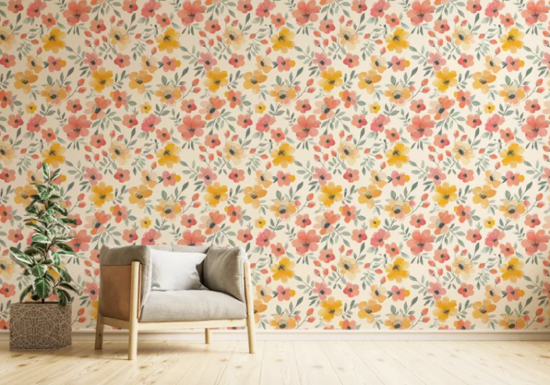 Watercolor Floral Wallpaper For Wall Yellow Tones Yellow and Orange watercolor Flower wallpaper peel and stick, blooming petals wall mural design for living room Decor in New York City.
