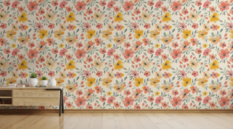 Yellow Orange Floral Peel And Stick Wallpaper Yellow tones floral watercolor wallpaper, sweet blossom peel and stick mural for modern living room or bedroom walls.