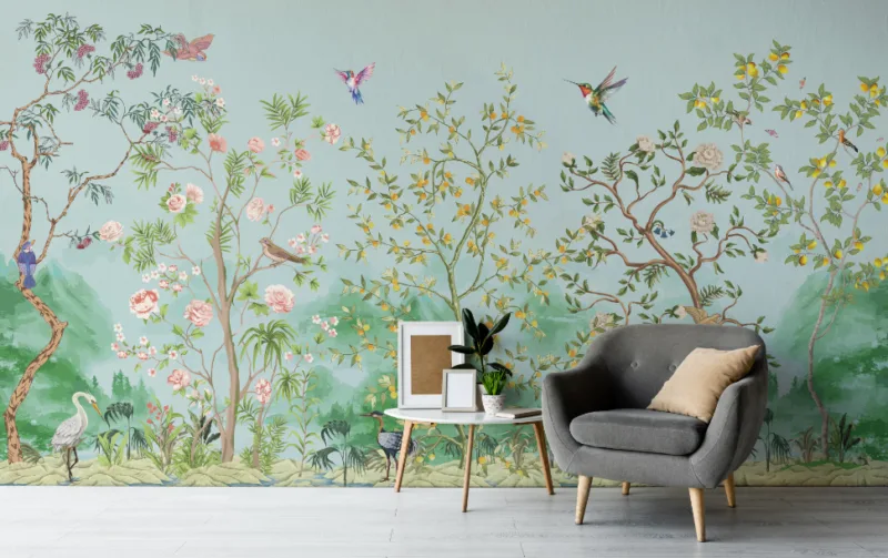 Birds Natural Sky Blue Japanese Garden Floral Self Adhesive Wall Design