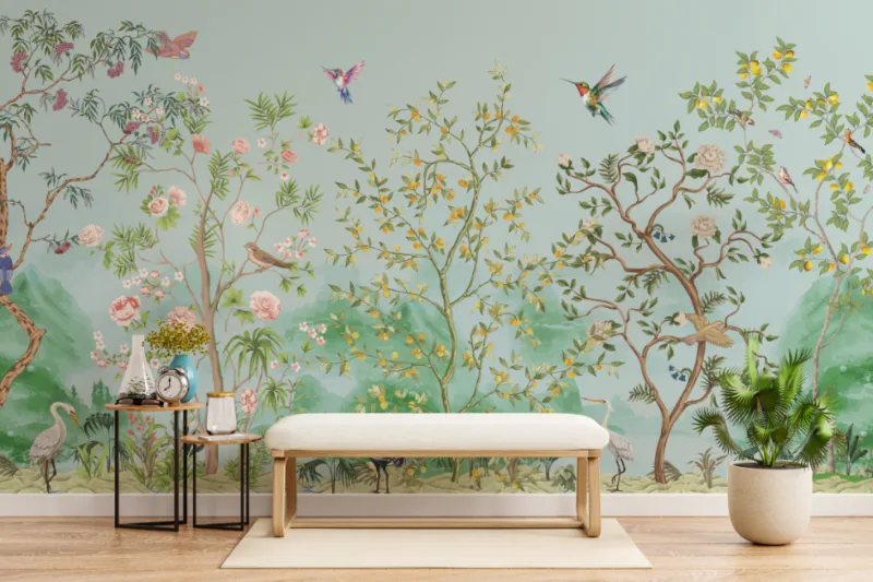 Floral Birds Natural Japanese Garden Sky Blue Peel and Stick Wall Design Japanese Garden with Floral, Birds, and Sky Blue with New York City for Nature-Inspired Designs