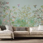Japanese Garden Floral Birds Natural Sky Blue Peel and Stick Wall Mural Japanese Garden, Floral Design for Home interior wall Décor