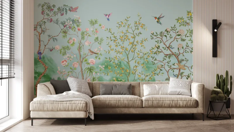 Japanese Garden Floral Birds Natural Sky Blue Peel and Stick Wall Mural Japanese Garden, Floral Design for Home interior wall Décor