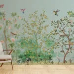 Natural Sky Blue Japanese Garden Birds Floral Self Adhesive Wall Mural San Francisco for Soft, Nature-Inspired Interiors