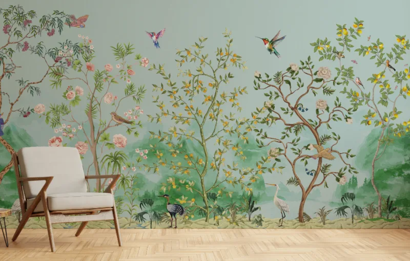 Natural Sky Blue Japanese Garden Birds Floral Self Adhesive Wall Mural San Francisco for Soft, Nature-Inspired Interiors